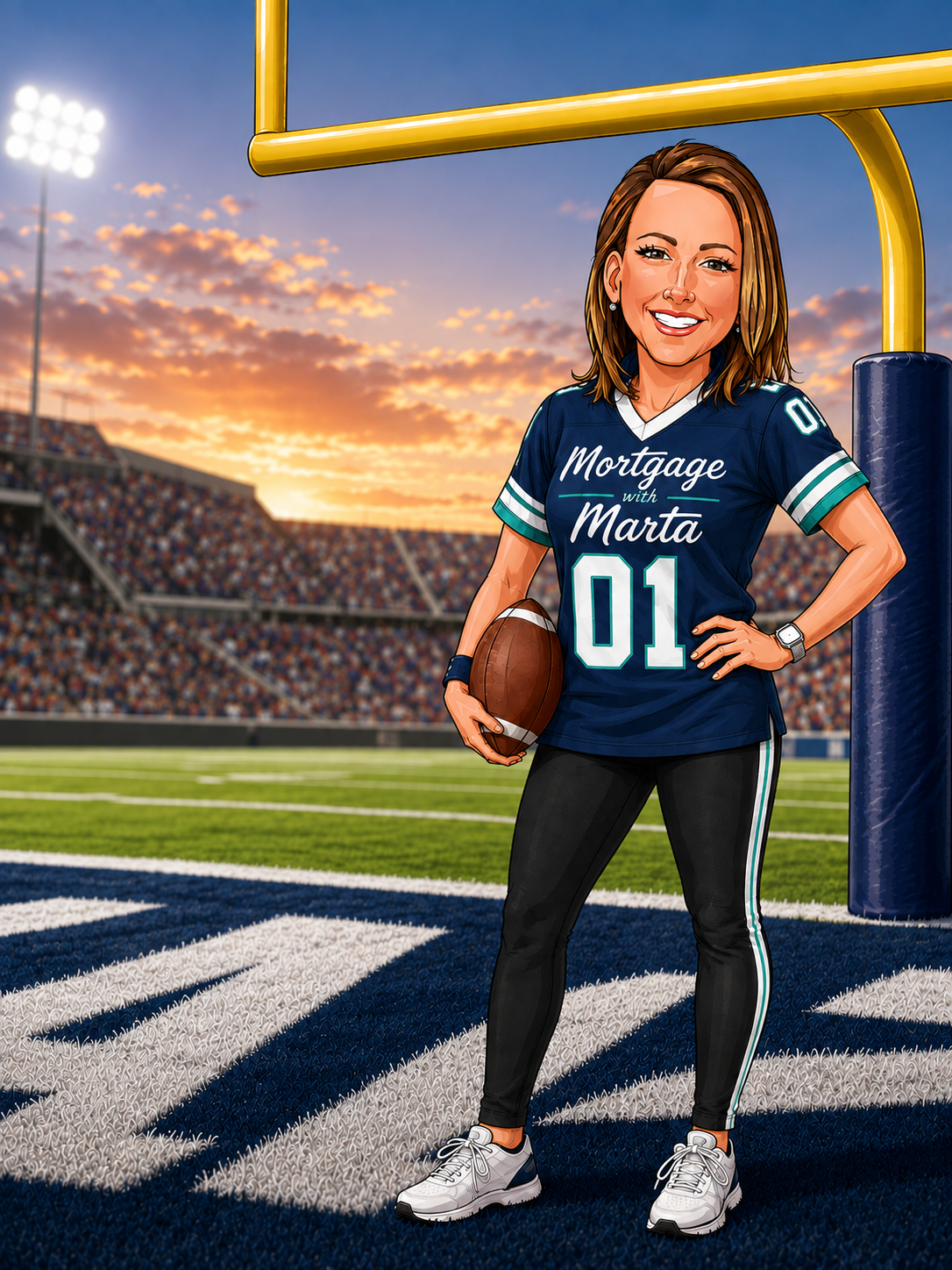 Marta in a Mortgage with Marta football jersey holding a football